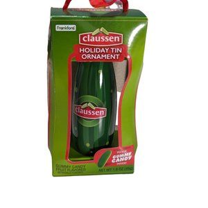 NEW CLAUSSEN Pickle Tin Ornament Holiday Pickle Shaped With Gummy Pickles Inside